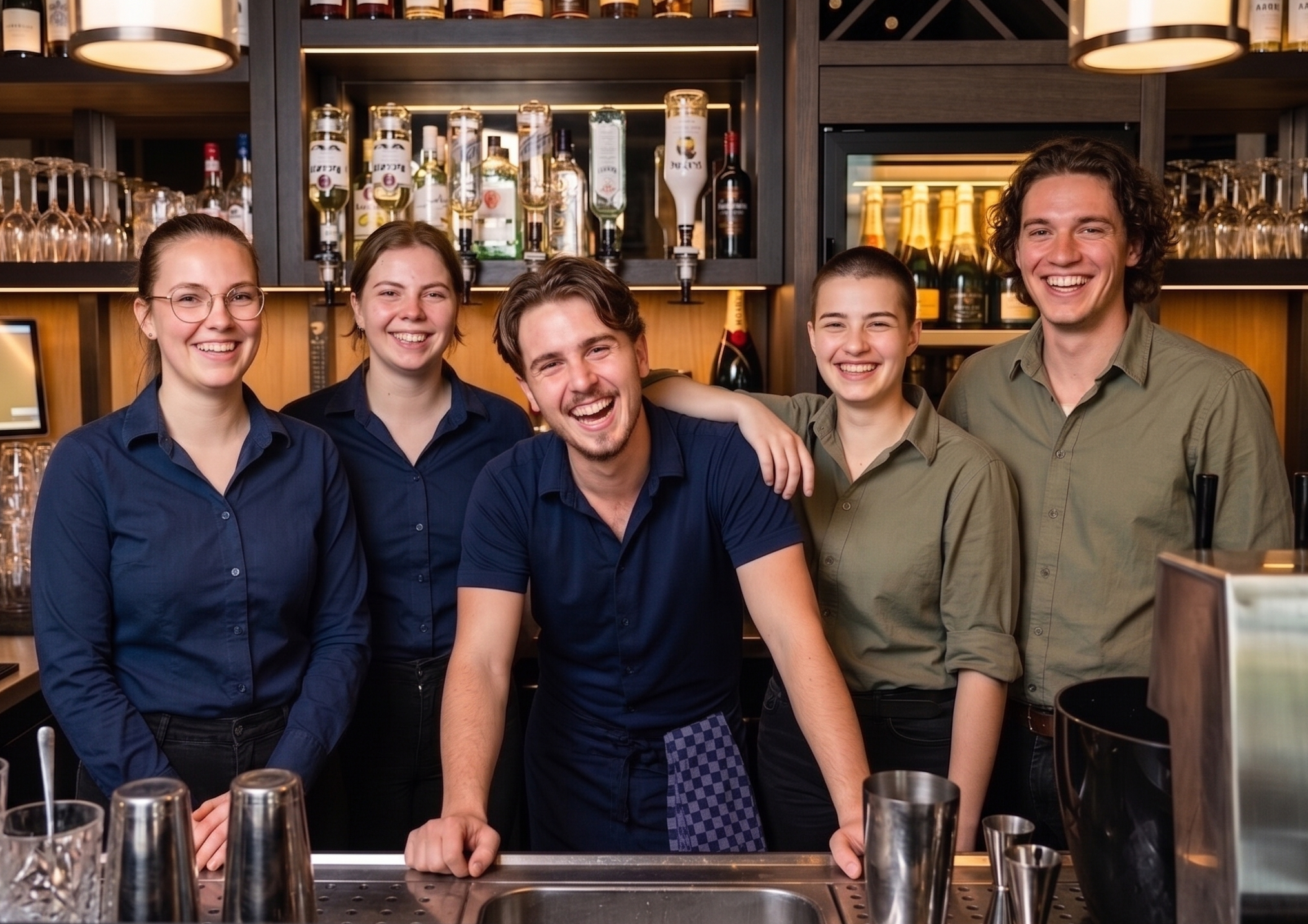 Team van vaste medewerkers achter de bar