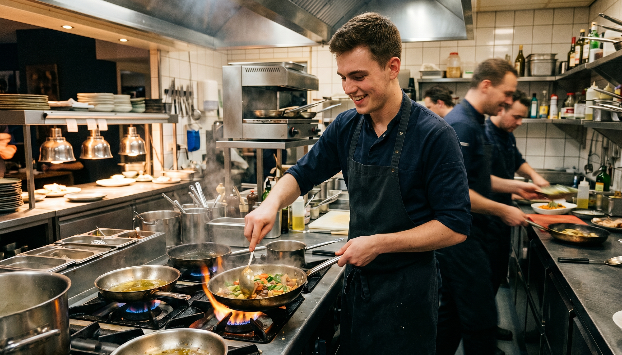 Jonge kok aan het werk in een drukke restaurantkeuken